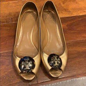 Tory Burch low wedge gold shoes